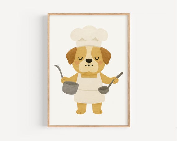 Cute Puppy Chef Kitchen Art Print Cooking Dog Wall Decor For Kids Room Nursery Or Play