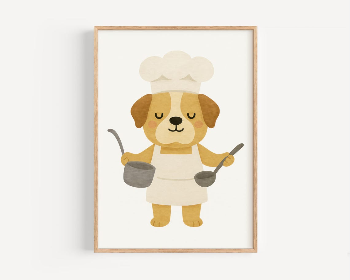 Cute Puppy Chef In Hat With Ladle And Pot Funny Kitchen Poster