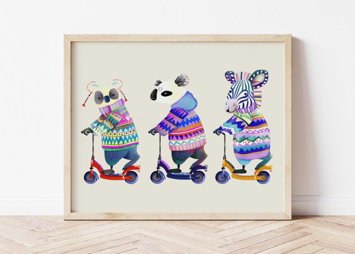 Scooter Animals Koala Panda Zebra In Sweaters Cute Kids Poster