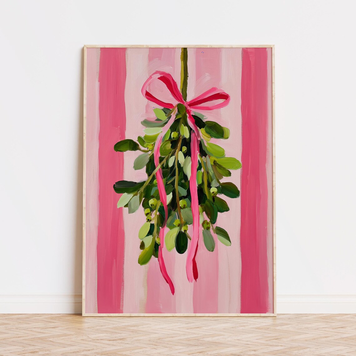 Pink Mistletoe with Red Bow Christmas Painting Holiday Wall Print