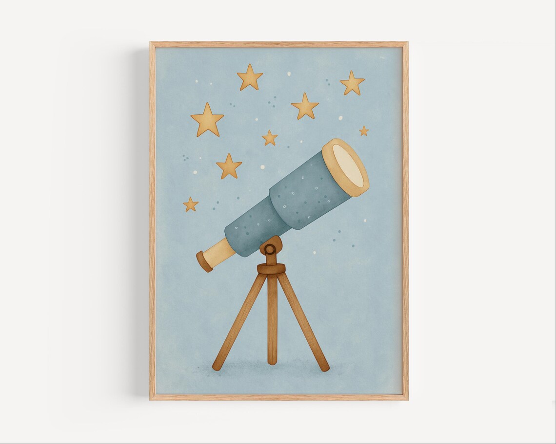 Kids Telescope Under Golden Stars Astronomy Nursery Night Poster