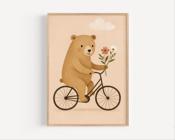Bear On A Bike Nursery Print Cute Animal Wall Art For Kids Pastel Baby Room Decor Scandinavian Style Poster