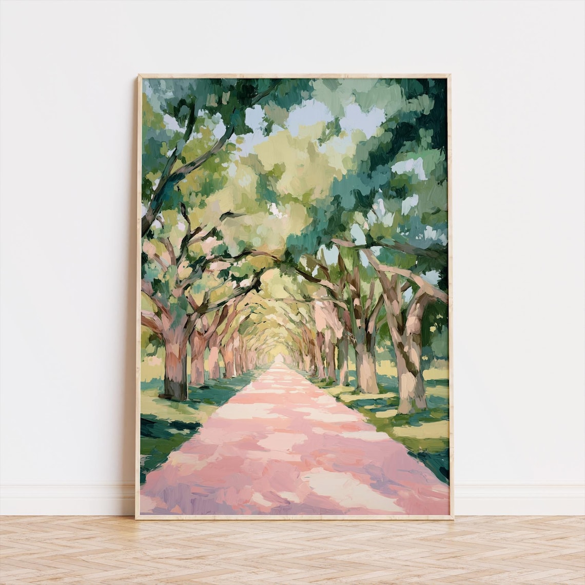Sunlit Tree Avenue Tunnel Pastel Pathway Landscape Painting Art Poster