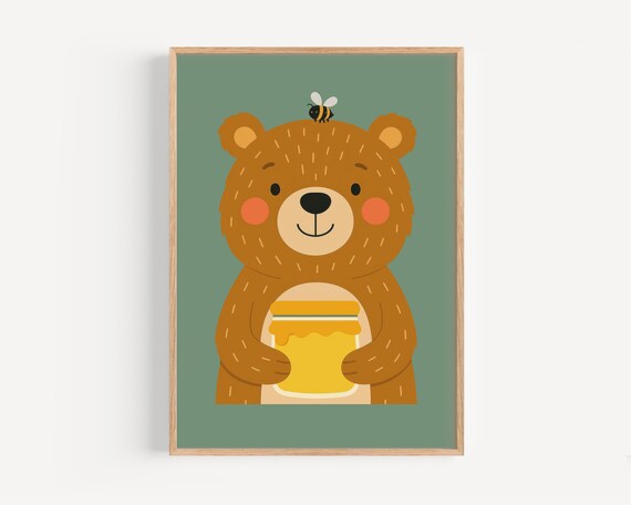 Adorable Bear With Honey Illustration Personalized Kids Room Wall Art Poster For Nursery Decor