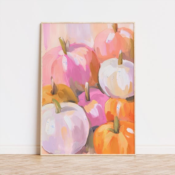 Fall Pumpkin Art Print Pastel Autumn Decor Farmhouse Kitchen Wall Pink And White Painting Cozy