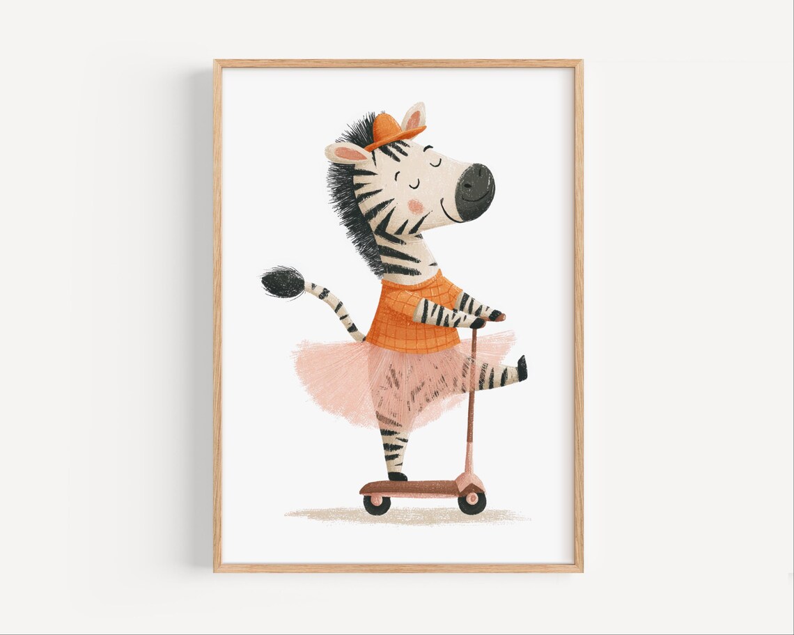 Zebra Girl On Scooter Wall Art Ballerina Nursery Poster Kids Room Cute Animal Artwork For Baby Decor