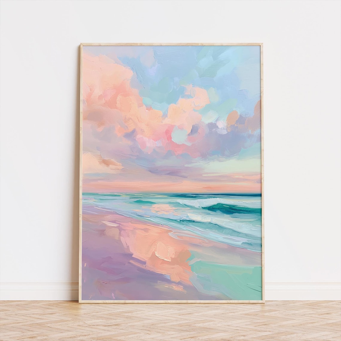 Pastel Beach Sunset Ocean Waves Coastal Seascape Painting Art Poster