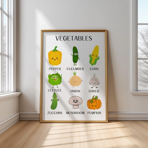 Cute Smiling Vegetables Educational Chart For Kids Kitchen Fun Poster