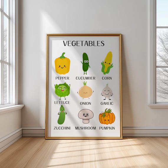 Vegetables Print Prints Vegetable Montessori Educational Poster Kids Children Learning Food Kitchen Veggies