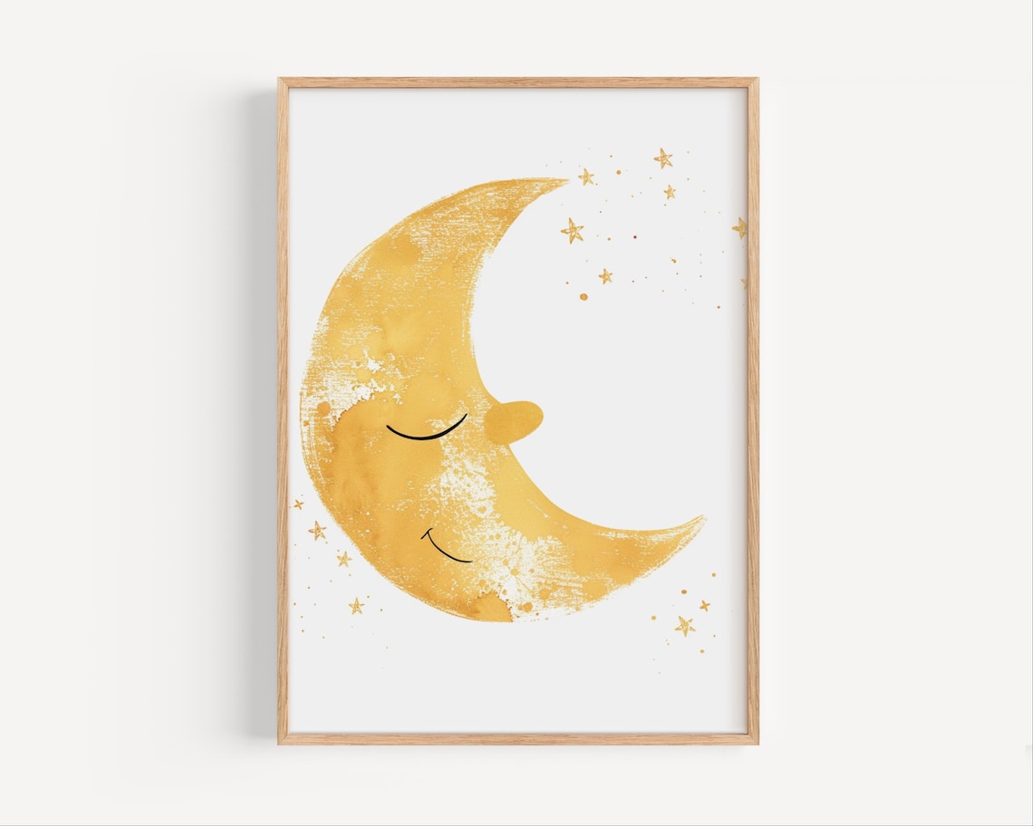 Smiling Golden Crescent Moon Stars Minimalist Yellow Nursery Wall Poster