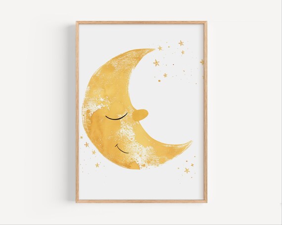 Smiling Golden Crescent Moon Stars Minimalist Yellow Nursery Wall Poster