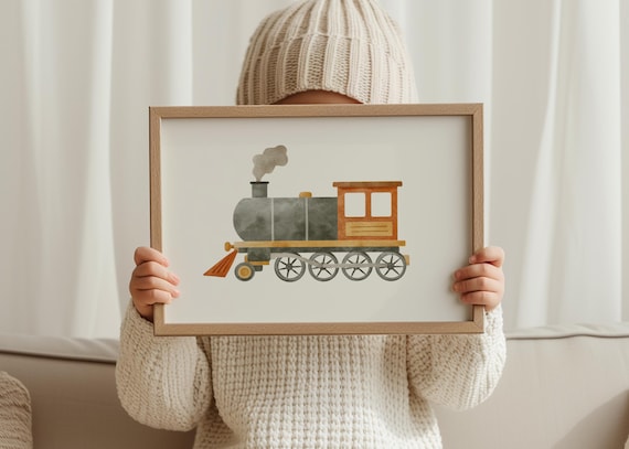 Watercolor Steam Train Locomotive Poster For Kids Train Room