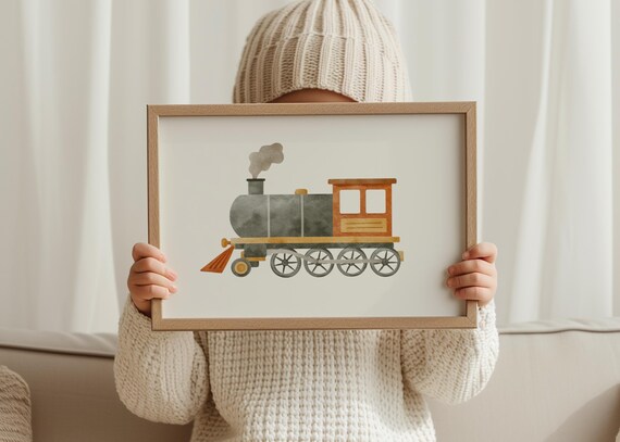 Watercolor Train Poster Boys Room Wall Art Toddler Decor Kids Print Nursery Transportation