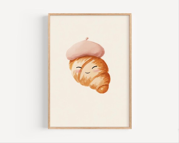 Cute Smiling Croissant With Pink Beret French Bakery Art Print