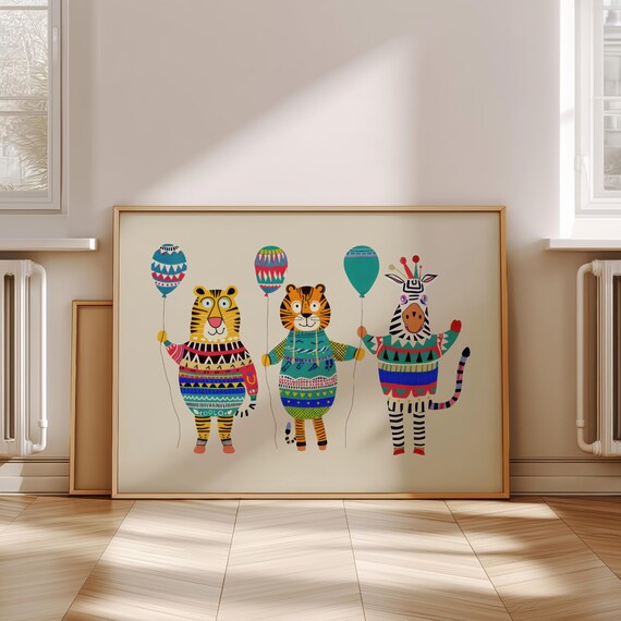 Animal Balloons Wall Art Nursery Prints Kids Room Collection Baby Decor Playful Eclectic