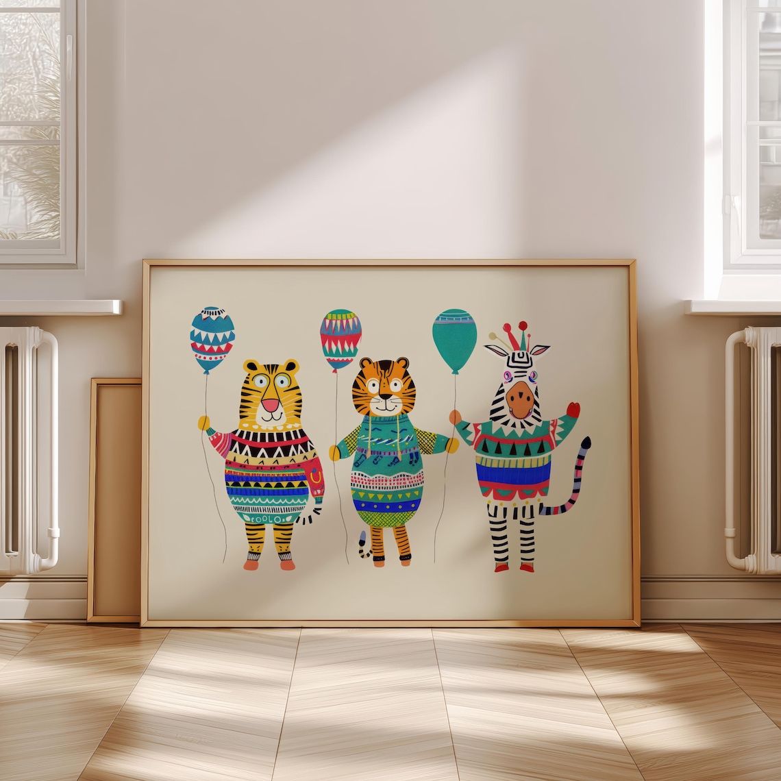 Playful Tigers And Zebra With Balloons Birthday Kids Nursery Poster