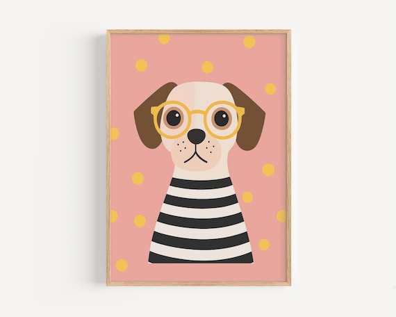 Cute Dog With Yellow Glasses Striped Shirt Pink Nursery Poster