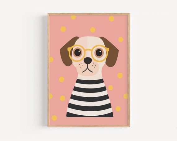 Modern Dog With Glasses Wall Art Animal Poster For Kids Room Nursery Decor Childs Bedroom