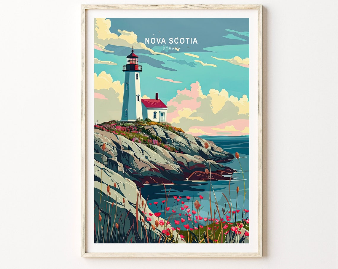 Nova Scotia Canada Lighthouse Rocky Shore Wildflowers Poster