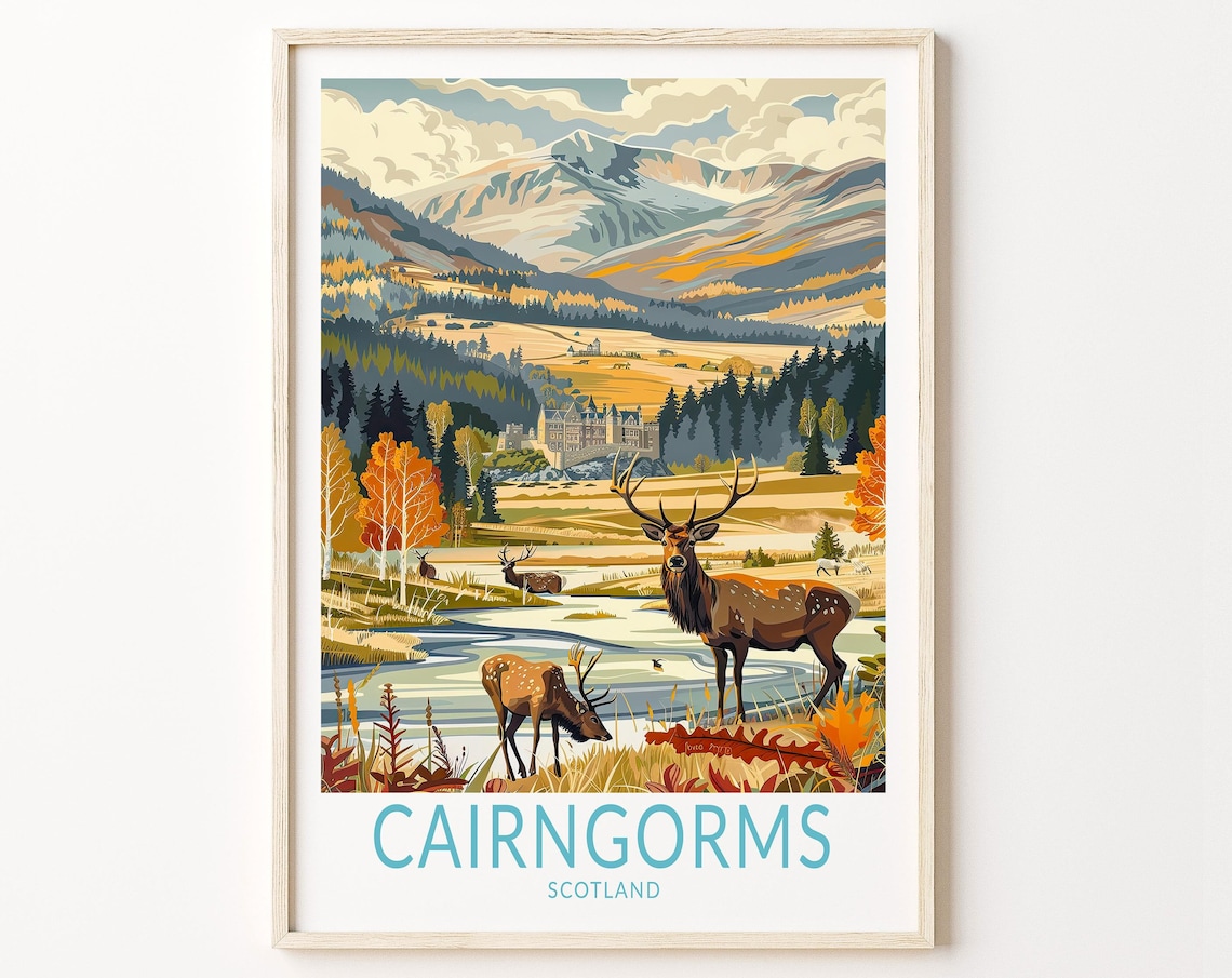 Cairngorms Scotland Red Deer Stags by Highland River Travel Poster