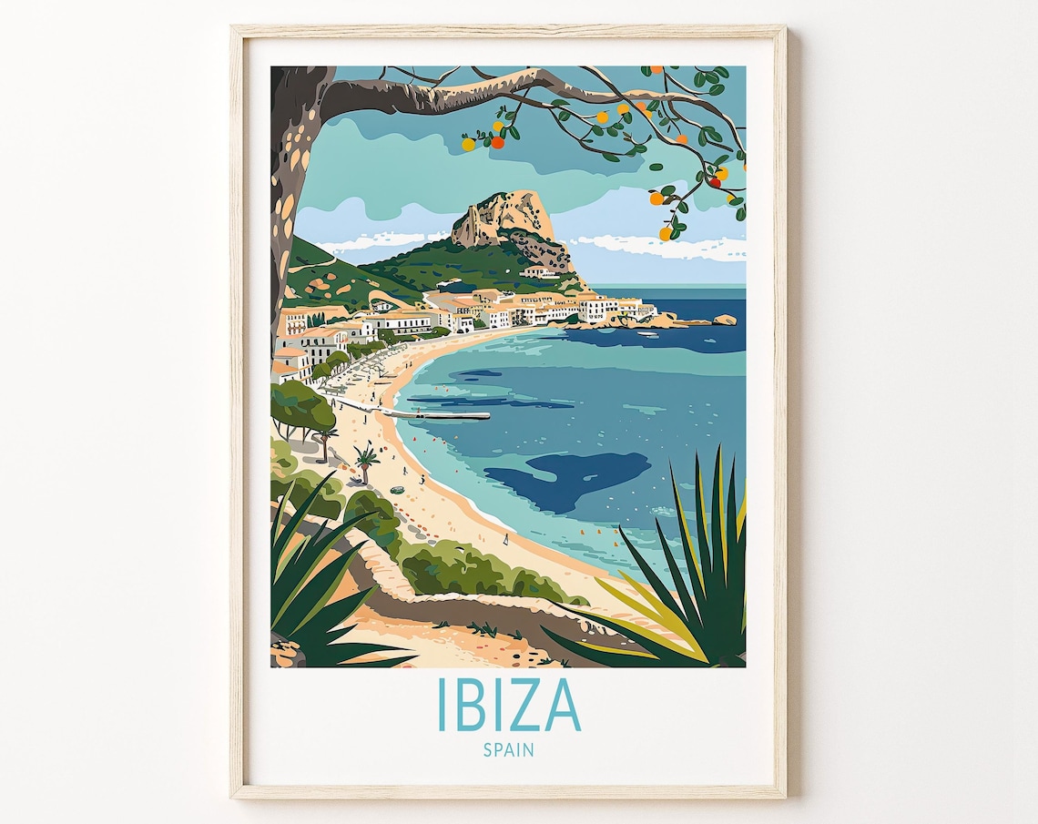 Ibiza Spain Beach Bay With Title at the Bottom Vintage Travel Poster