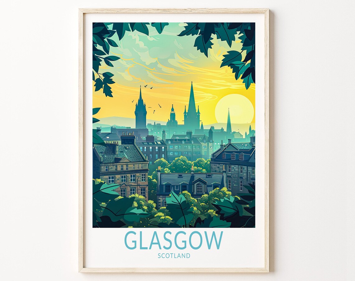 Glasgow Scotland Skyline at Sunset with Church Spires Travel Poster