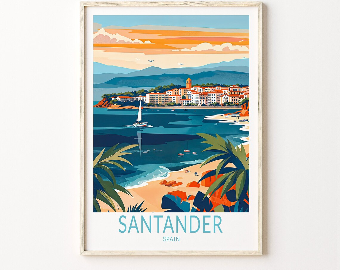 Santander Spain Coastal Sailboat Beach Sunset Retro Travel Poster