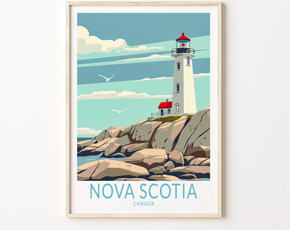 Nova Scotia Canada Lighthouse Seagulls Rocky Coast Art Poster