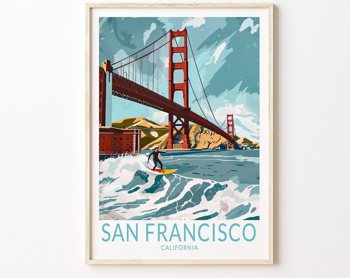 San Francisco Golden Gate Bridge Surfer California Travel Poster