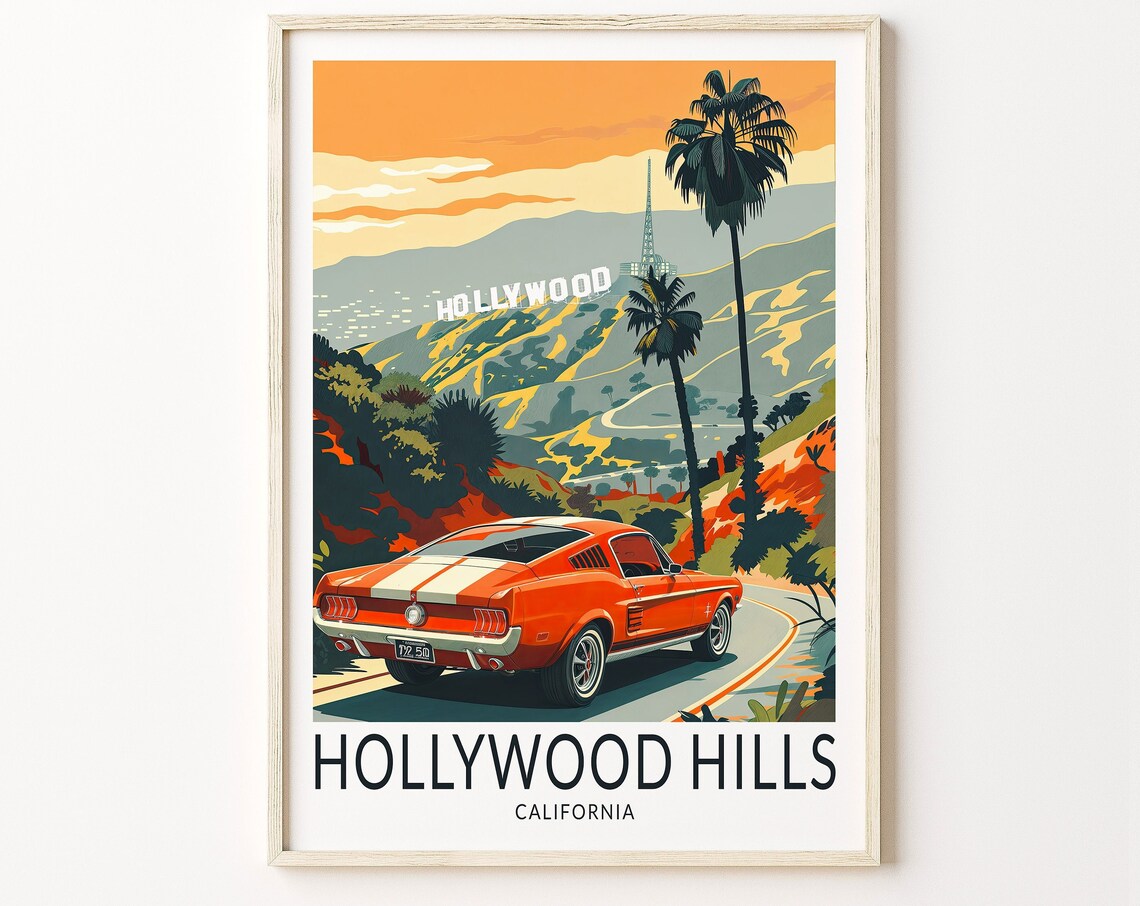 Hollywood Hills California Mustang Muscle Car Retro Travel Poster