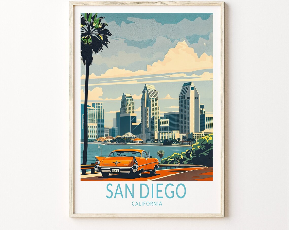 San Diego California Skyline Classic Car Vintage Travel Poster