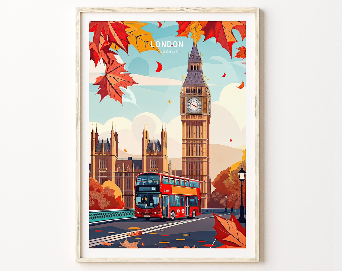 London England Travel Poster, Big Ben Bridge Wall Art