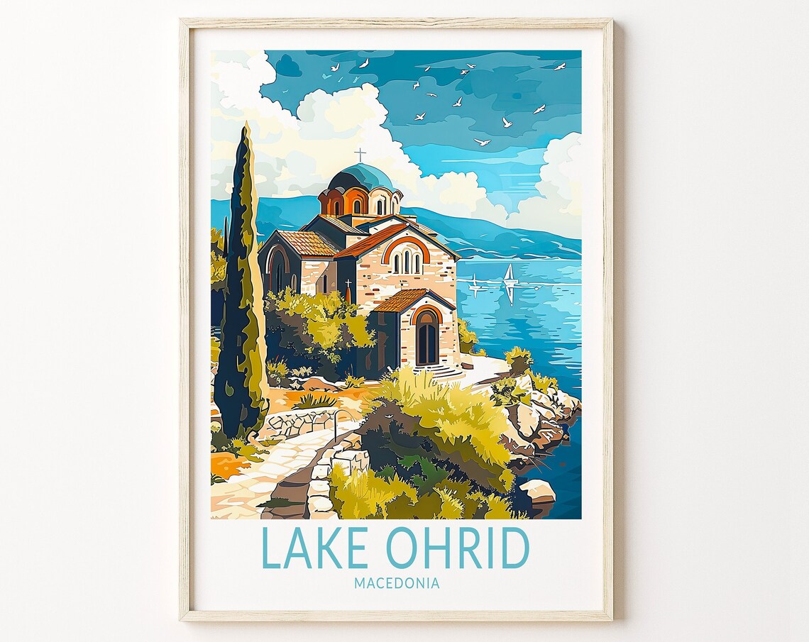 Lake Ohrid Macedonia Cliffside Church Over Blue Water Travel Poster
