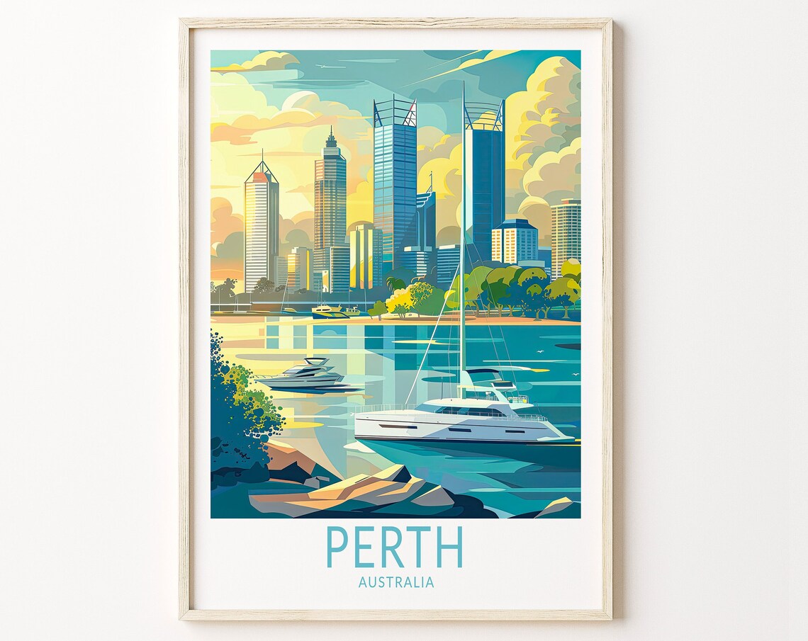 Perth Australia Skyline At Sunset With Boats Vintage Travel Poster