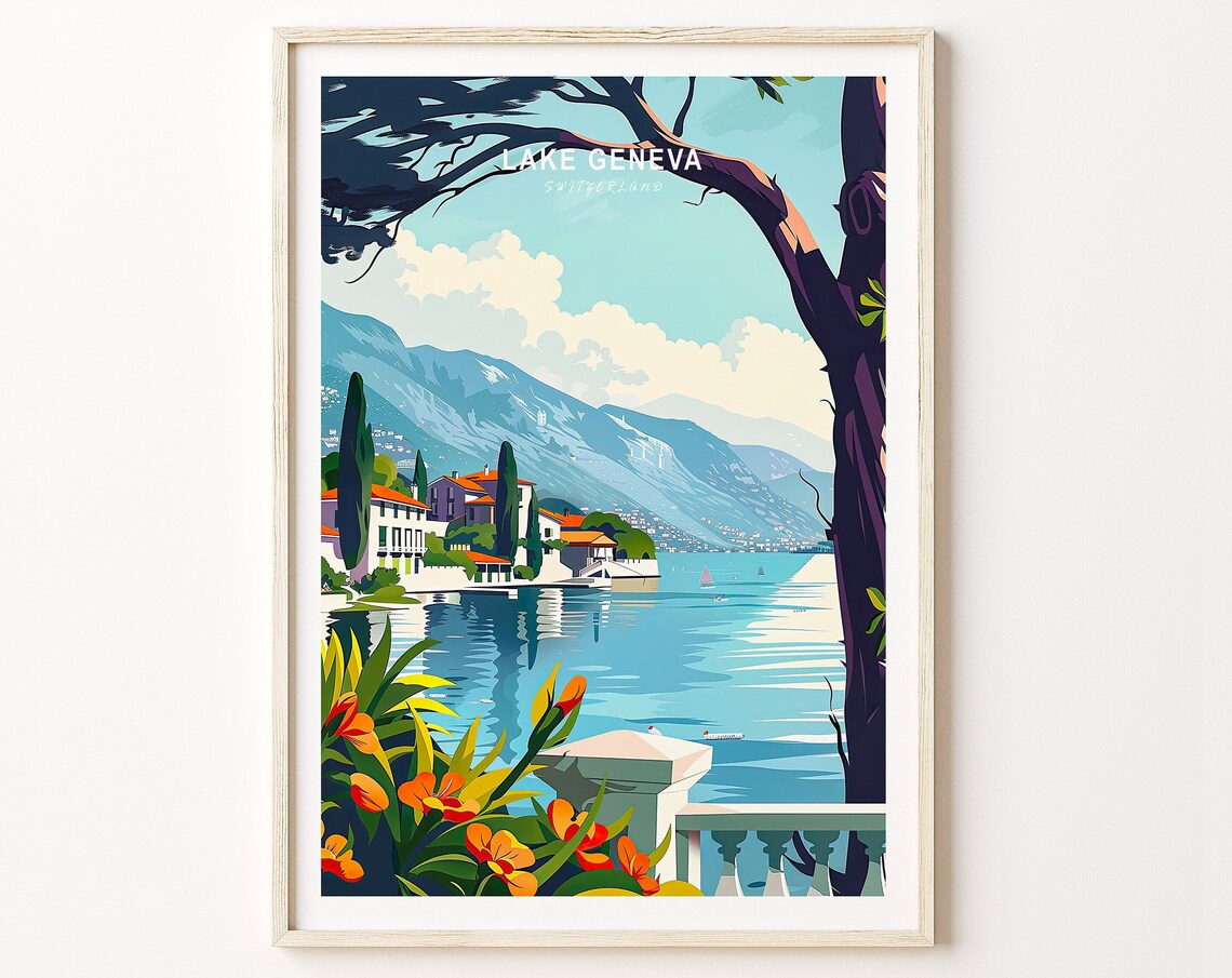 Lake Geneva Switzerland Lakeside Village With Mountains Travel Poster