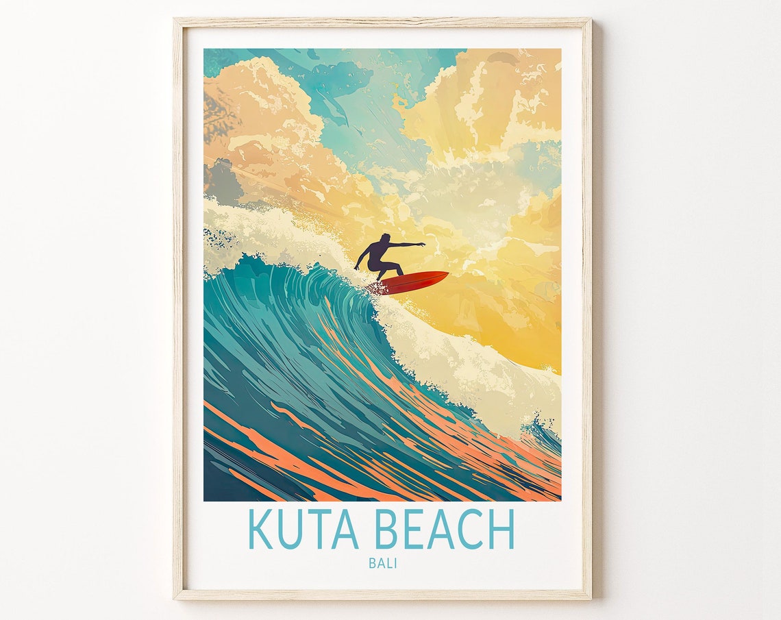 Kuta Beach Bali Surfer Riding a Giant Wave at Sunset Travel Poster