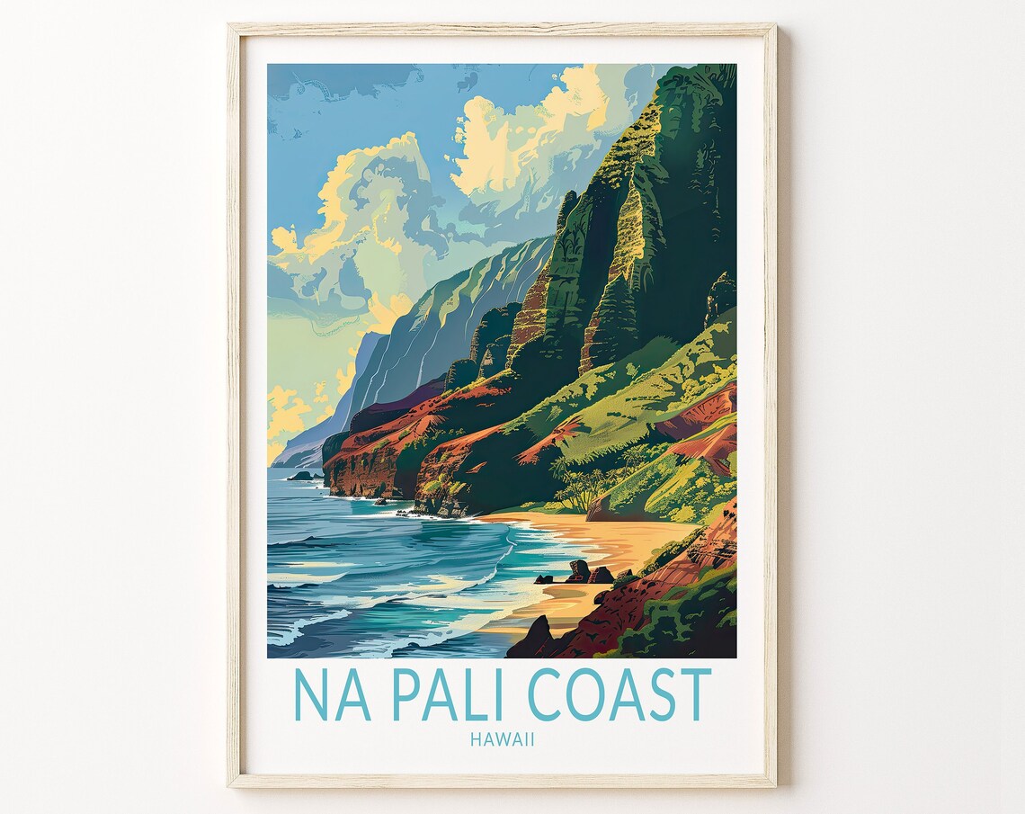 Na Pali Coast Hawaii Beach Waves Golden Shore Retro Travel Poster
