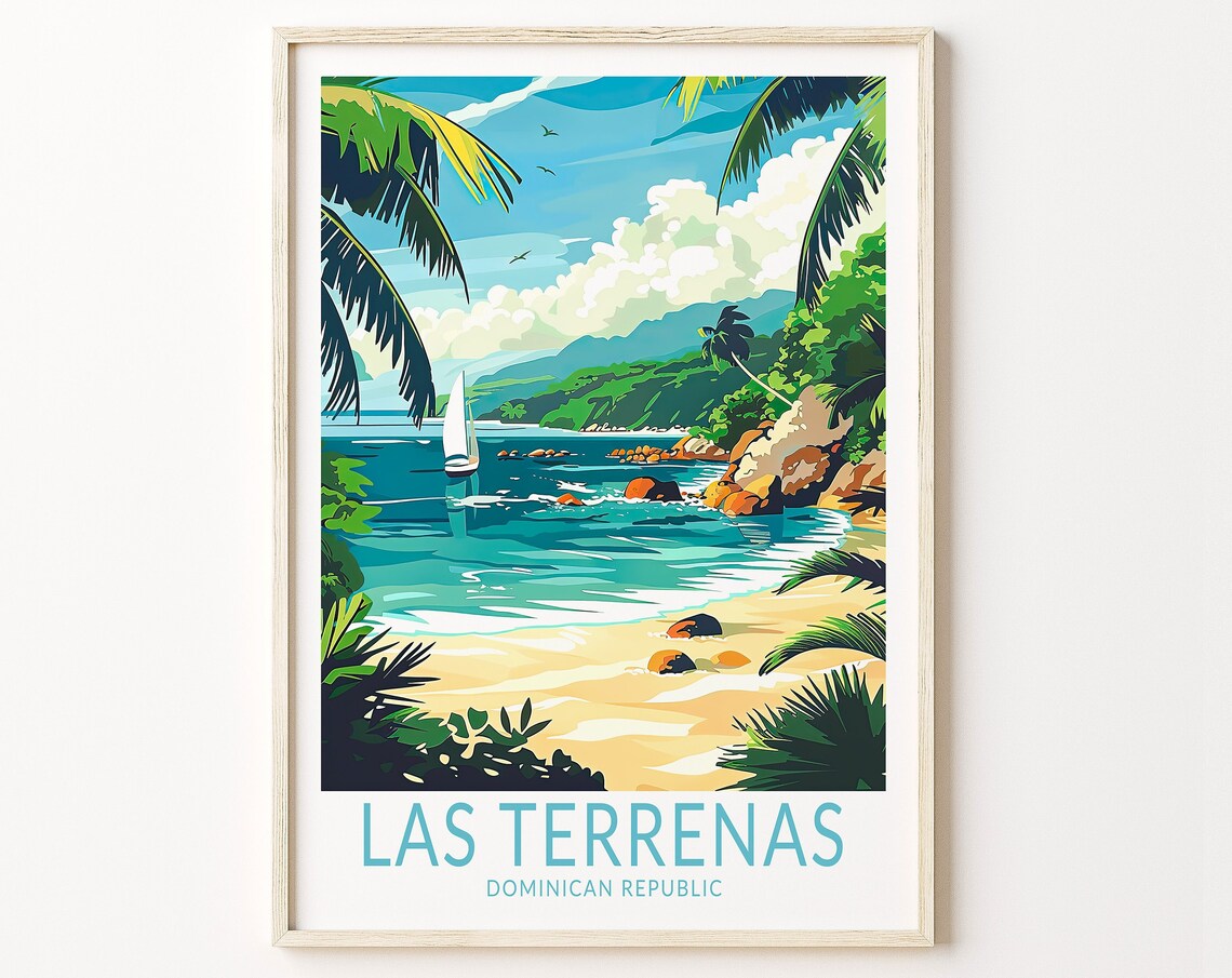 Las Terrenas Dominican Republic Palm Beach Sailboat Scene Travel Poster