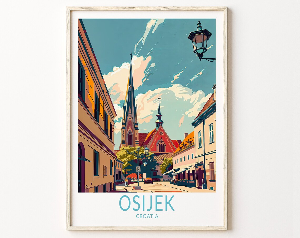 Osijek Croatia Historic Church Spire Old Town Street Travel Poster