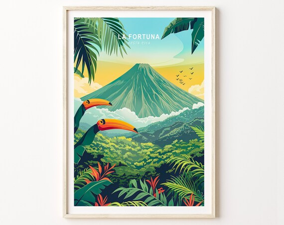 La Fortuna Costa Rica Volcano With Toucans Jungle Travel Poster