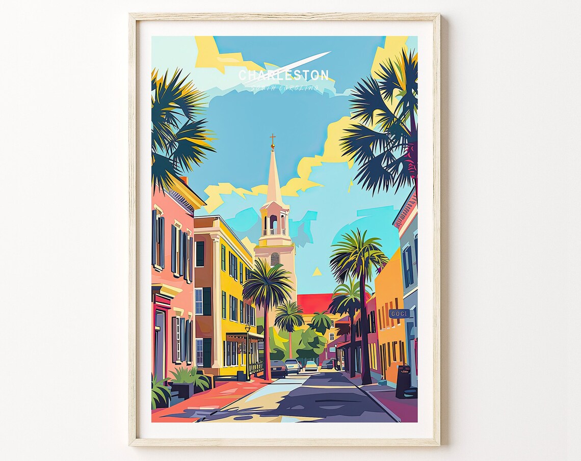 Charleston South Carolina Historic Street With Steeple Travel Poster