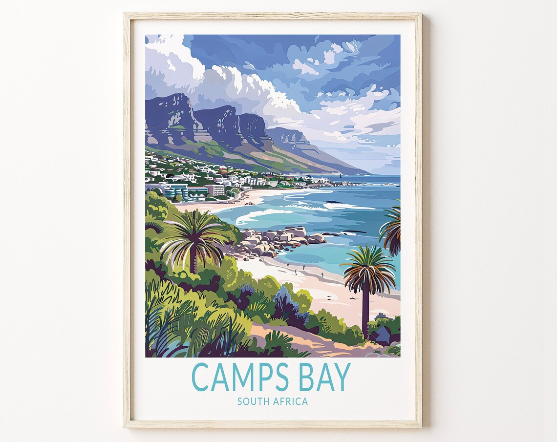 Camps Bay South Africa Panoramic Beach With Mountains Travel Poster