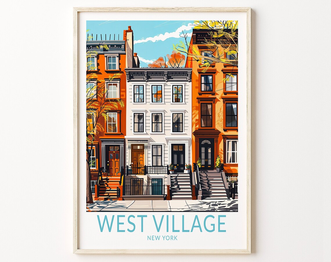 West Village New York Autumn Brownstone Stoops Travel Poster