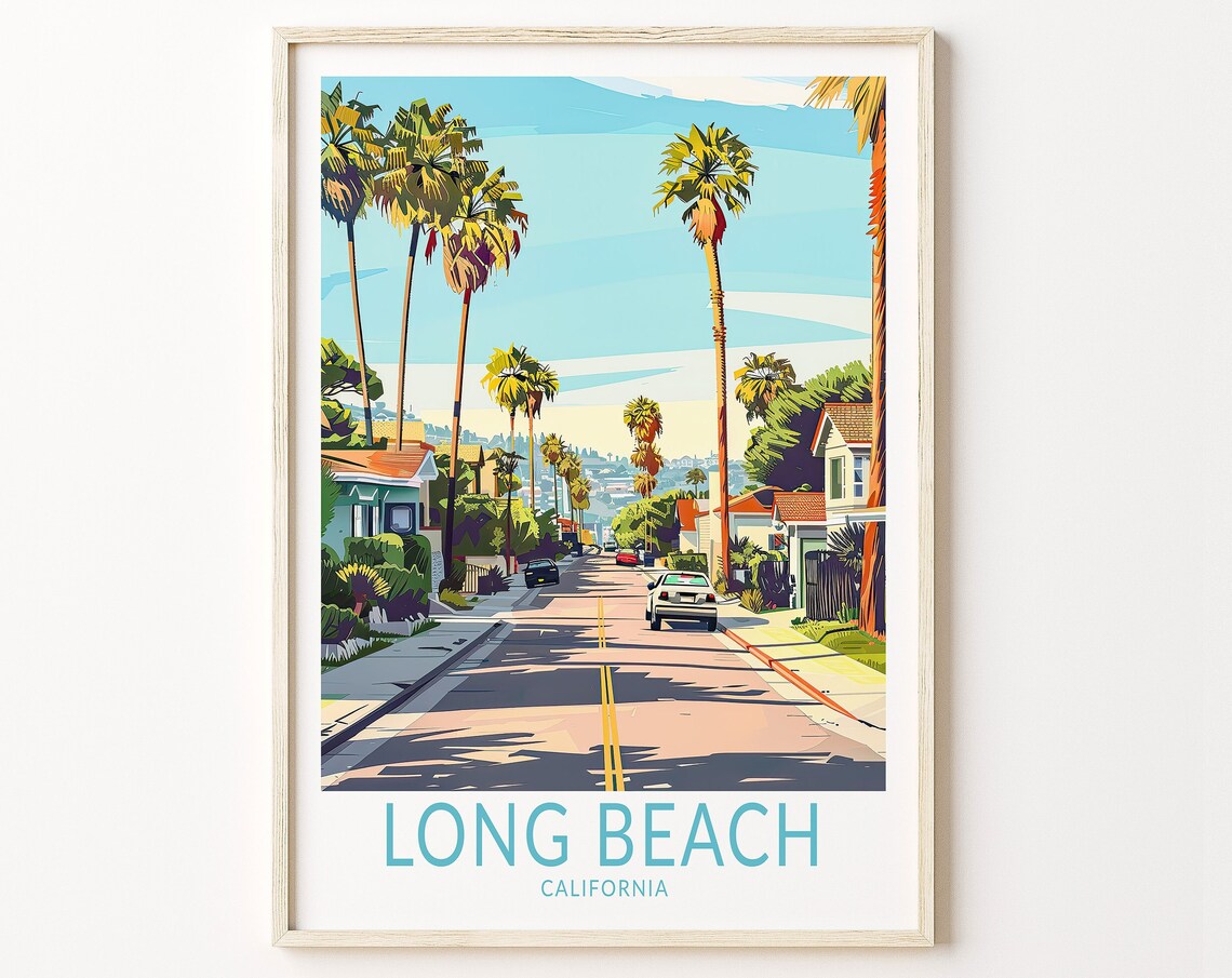 Long Beach California Palm Lined Residential Street Travel Poster