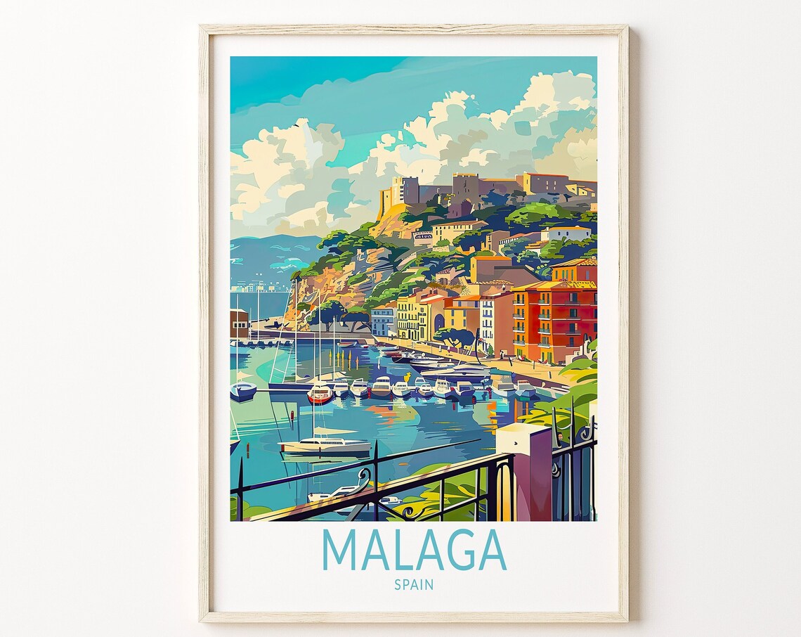 Malaga Spain Historic Harbor Colorful Castle Coastal Travel Poster