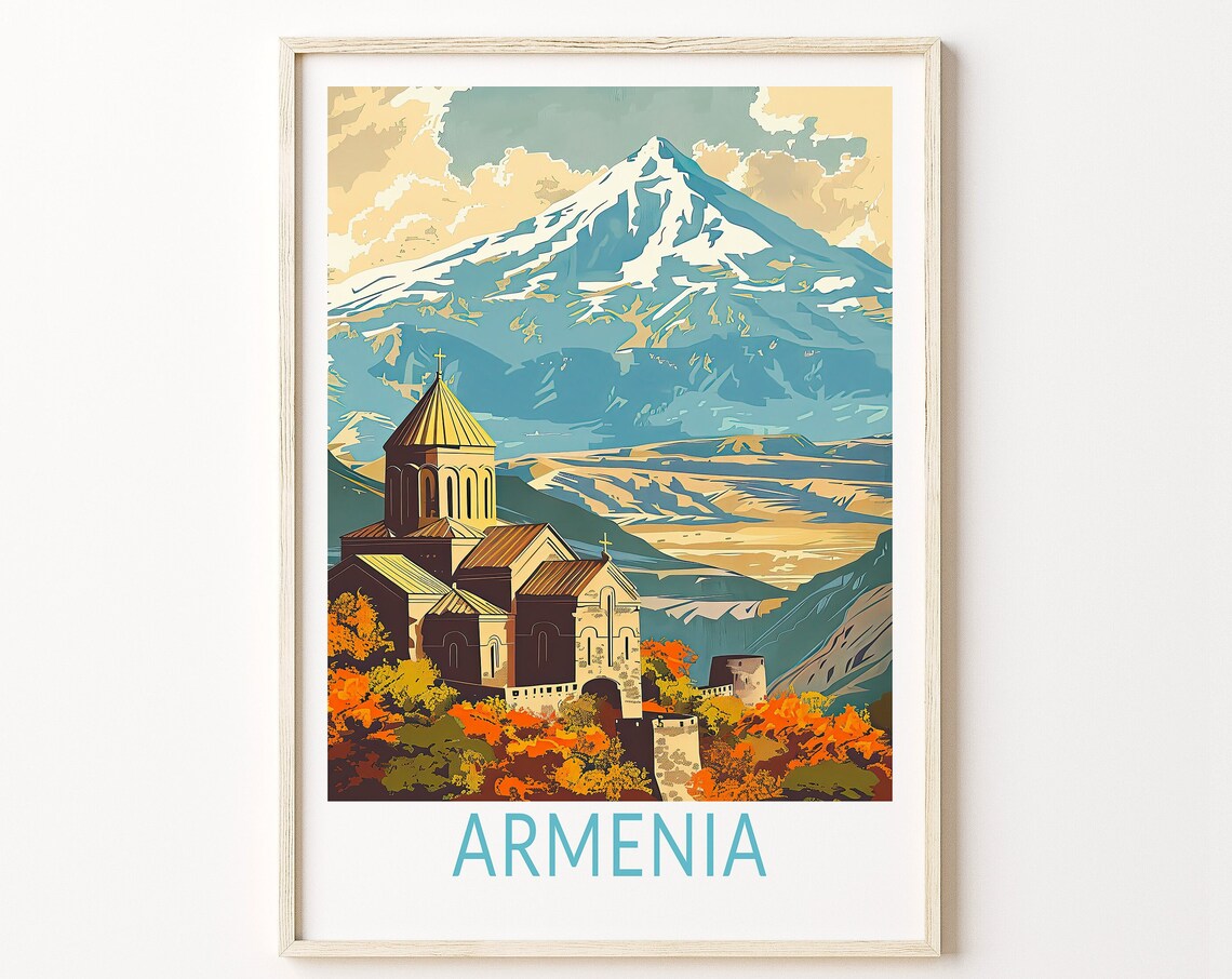 Armenia Mount Ararat Khor Virap Monastery Vintage Style Travel Poster