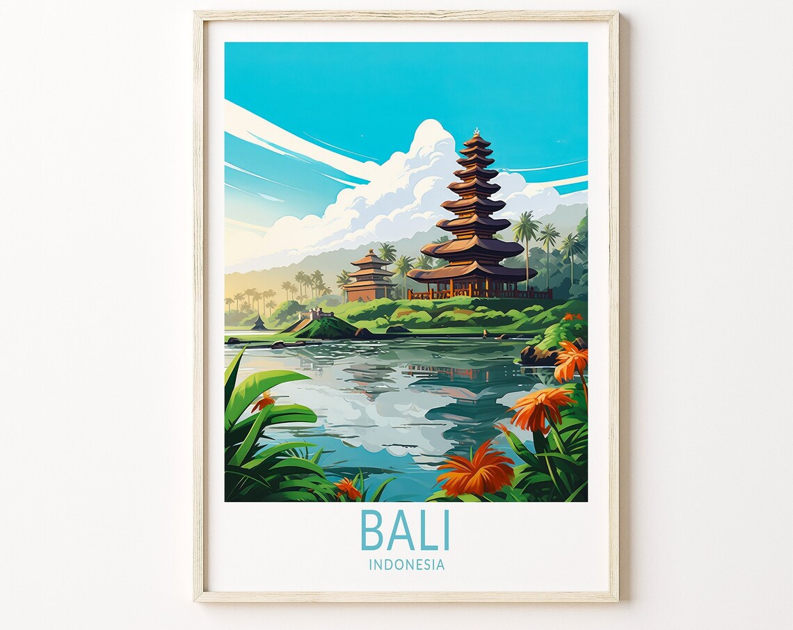 Bali Indonesia Lakeside Temple Scenic Tropical Garden Travel Poster