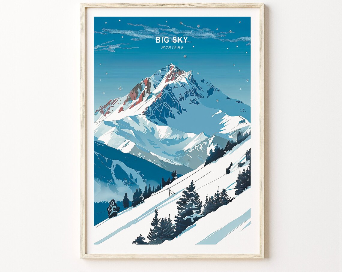 Big Sky Montana Starry Night Snowy Peak Ski Retro Travel Poster