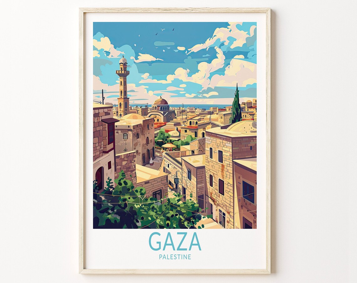 Gaza Palestine Old Town Rooftops Minaret Vintage Travel Poster