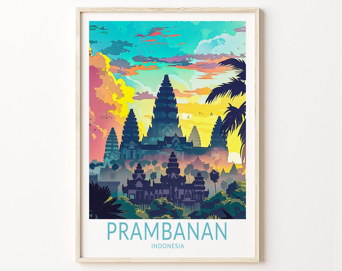 Prambanan Indonesia Temple Sunset Silhouette Dramatic Travel Poster